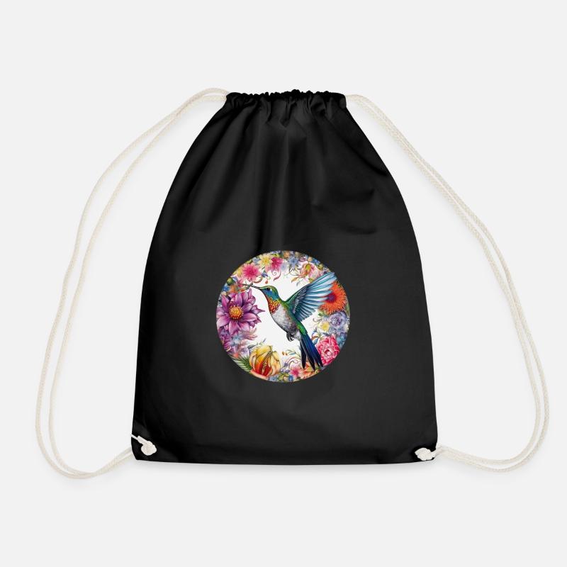 Exotischer Vogel Kolibri mit Blumenmuster Blumen - Turnbeutel - Schwarz