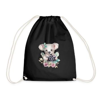 Cute & cute koala with camera and flowers - Drawstring Bag - black - Front