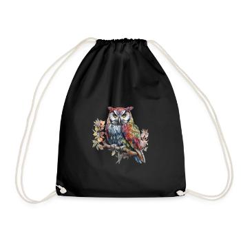 Magic Owl on Branch Watercolor Colorful Animal Bird - Drawstring Bag - black - Front