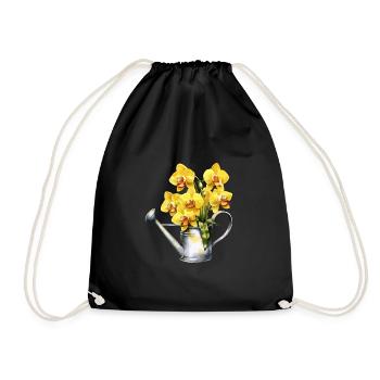 Watering Can Flowers Blossoms Orchid Yellow Wedding - Drawstring Bag - black - Front
