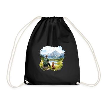 Man with Dog Hiking Outdoor Mountains Lake - Drawstring Bag - black - Front