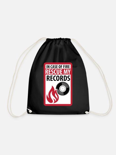 In Case of Fire Rescue my Records - vinyl music - Drawstring Bag - black