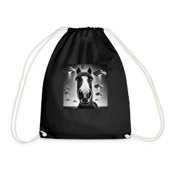 Horse Selfie with UFO Weird 50s Photo - Drawstring Bag - black - Front