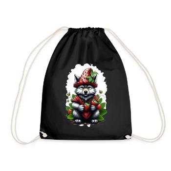 Wolf Strawberry 2 - Drawstring Bag - black - Front