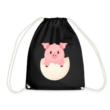 Cute Kawaii Pig - Piggy Hatches from Egg - Drawstring Bag - black - Front