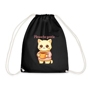 Please Be Gentle – Pixel Cat in Cozy Sweater Holdi - Drawstring Bag - black - Front
