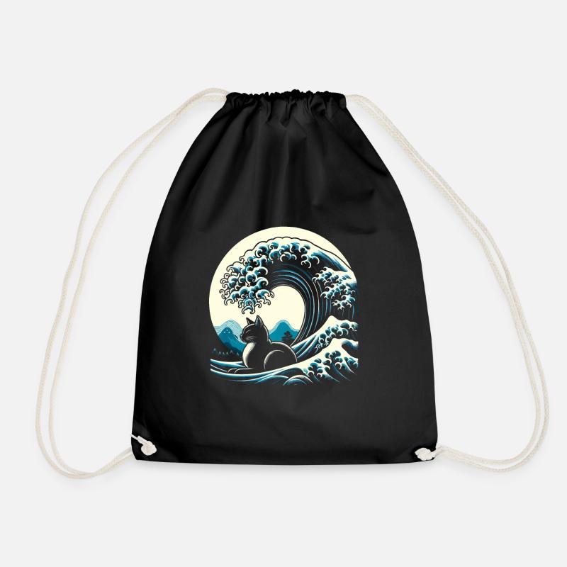 Surfing Cat The big wave off Kanagawa Surfer - Drawstring Bag - black