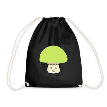 Mushroom green cute with face - Drawstring Bag - black - Front