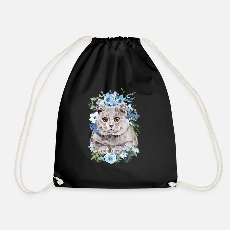 Britisch Kurzhaar Katze mit Blumen - Aquarell - Turnbeutel - Schwarz