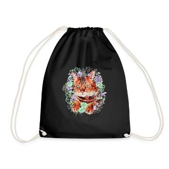 Bengalkatze (Bengal) Katze mit Blumen - Aquarell - Turnbeutel - Schwarz - Vorne
