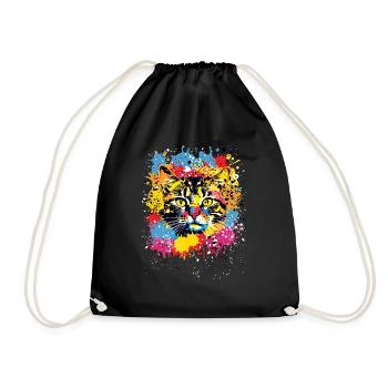 Colourful Cat with Coloured Paint Splashes - Drawstring Bag - black - Front