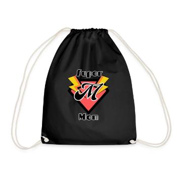 Super Mom - pink badge with lightning bolts - Drawstring Bag - black - Front