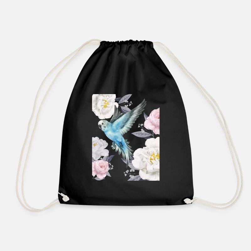 blue bird and roses - Drawstring Bag - black