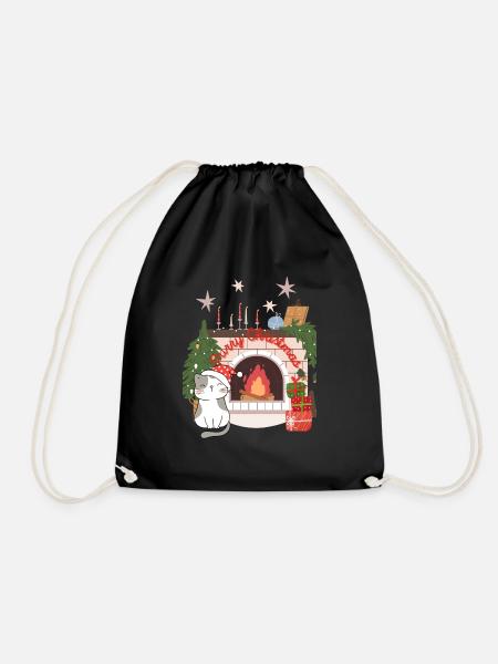Purry Christmas - Katze am Kamin mit Geschenken - Turnbeutel - Schwarz
