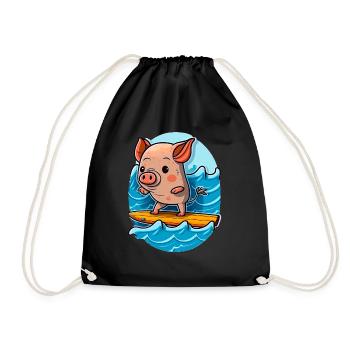 Süßes Schwein im Meer auf Surfboard surft surfen - Turnbeutel - Schwarz - Vorne