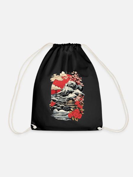 Japanese Vintage Landscape Art - Drawstring Bag - black