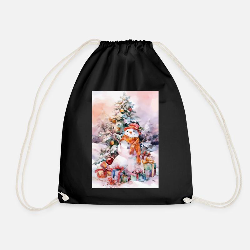 Snowman Watercolor Christmas - Drawstring Bag - black