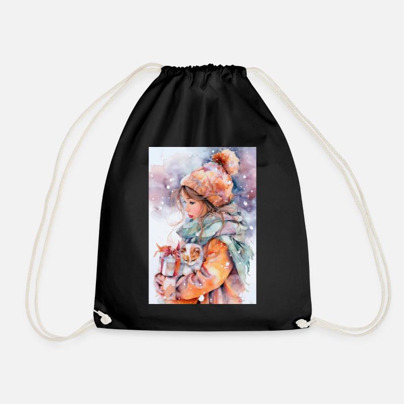 Watercolor Winter Whimsy - Drawstring Bag - black