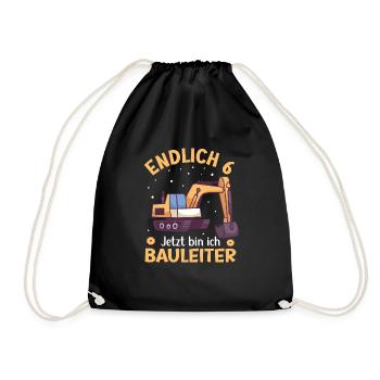 6. Geburtstag Junge Bagger Design Endlich 6 - Turnbeutel - Schwarz - Vorne