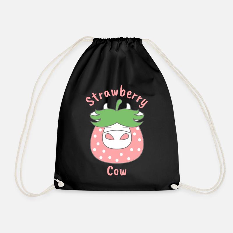 Pink Strawberry Cow - Drawstring Bag - black