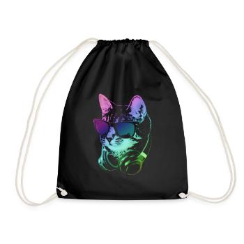 DJ Cat In Neon Lights - Drawstring Bag - black - Front
