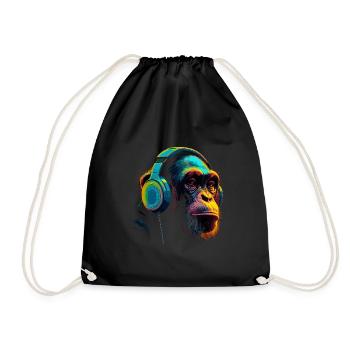 Affe Schimpanse mit Headset Kopfhörer DJ - Turnbeutel - Schwarz - Vorne