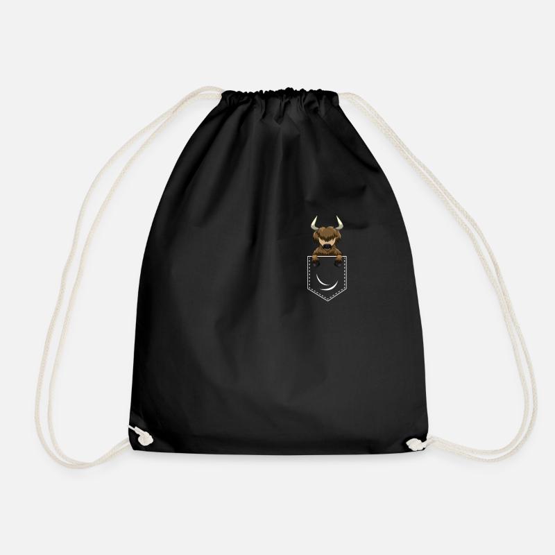 Highland cow in pocket - Drawstring Bag - black