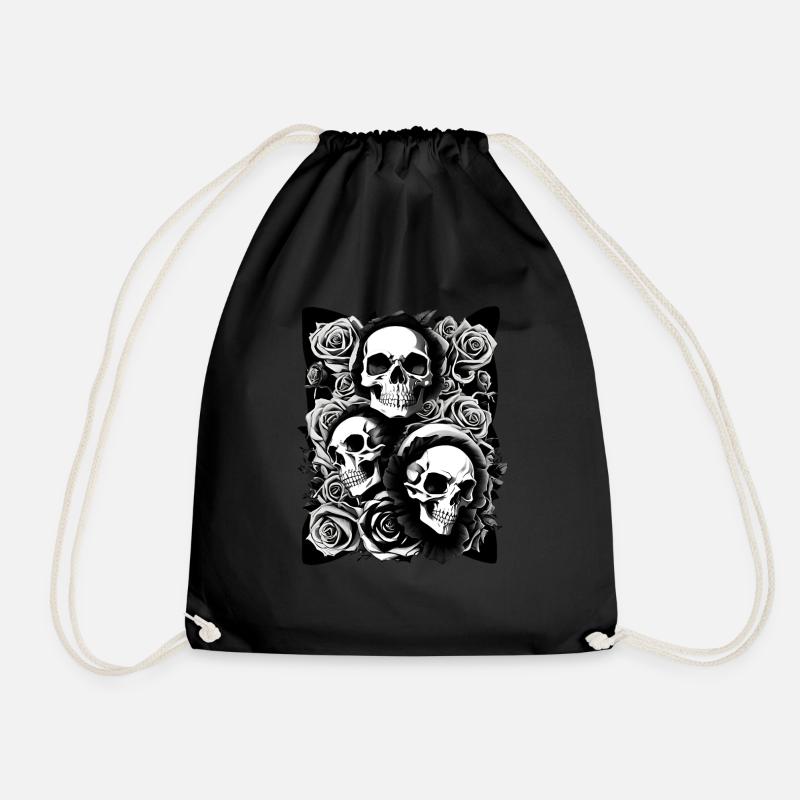 Skull with Roses Skull Horror Flowers - Drawstring Bag - black