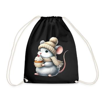 Cute mouse with a knitted hat and cupcake - Drawstring Bag - black - Front