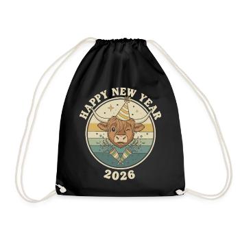 Highland Cow Silvester 2026 Lustiges Partyhut - Turnbeutel - Schwarz - Vorne