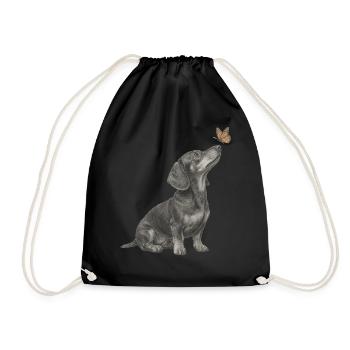 Dackel Illustration mit Schmetterling Hund - Turnbeutel - Schwarz - Vorne