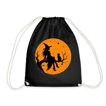 Halloween Hexe mit Katze im Vollmond T-Shirt Motiv - Turnbeutel - Schwarz - Vorne
