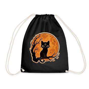 Black Cat in Front of Full Moon Halloween Motif - Drawstring Bag - black - Front