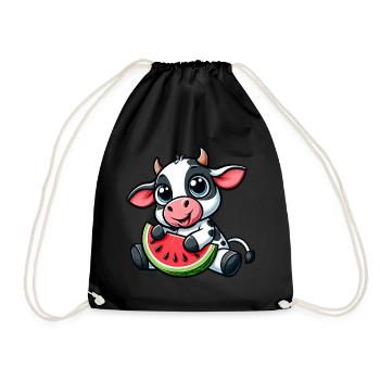 Cute Cartoon Cow Watermelon Summer Fruity - Drawstring Bag - black - Front