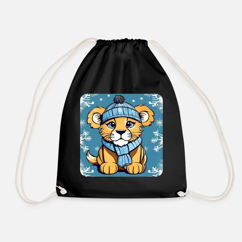 Cute lion cub with winter hat and snow - Drawstring Bag - black