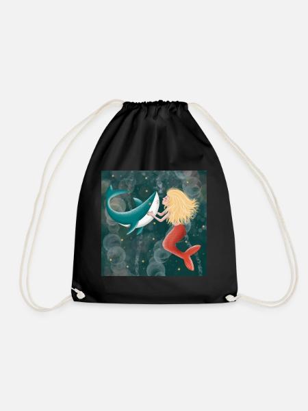 Mermaid kisses shark - Drawstring Bag - black
