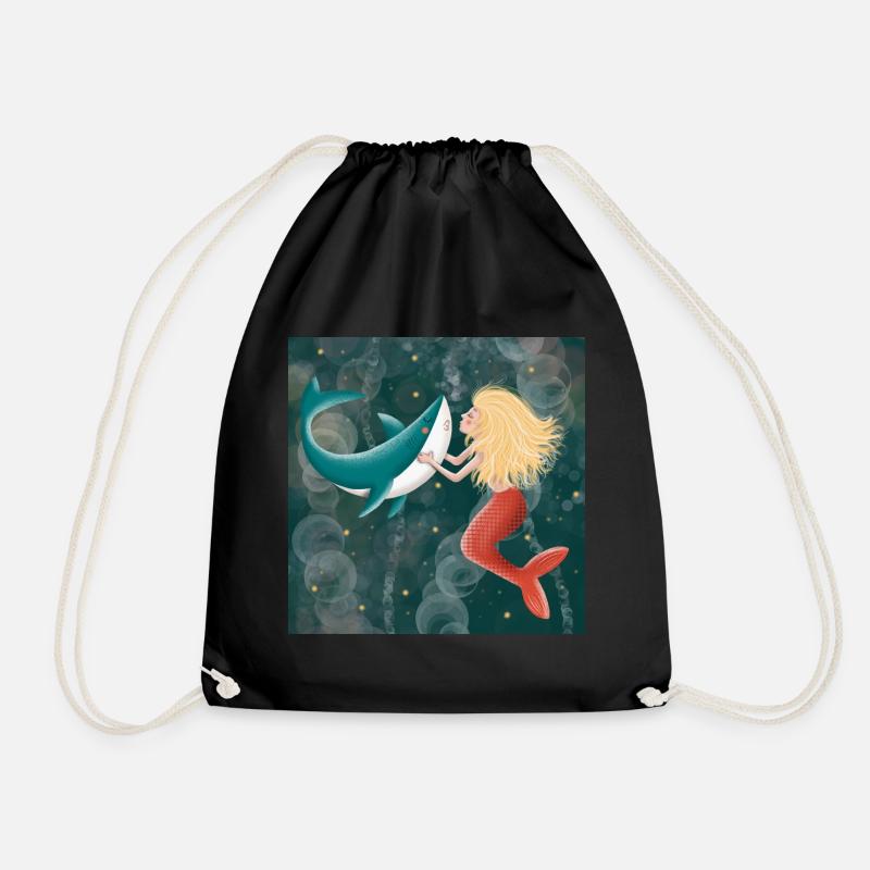 Mermaid kisses shark - Drawstring Bag - black