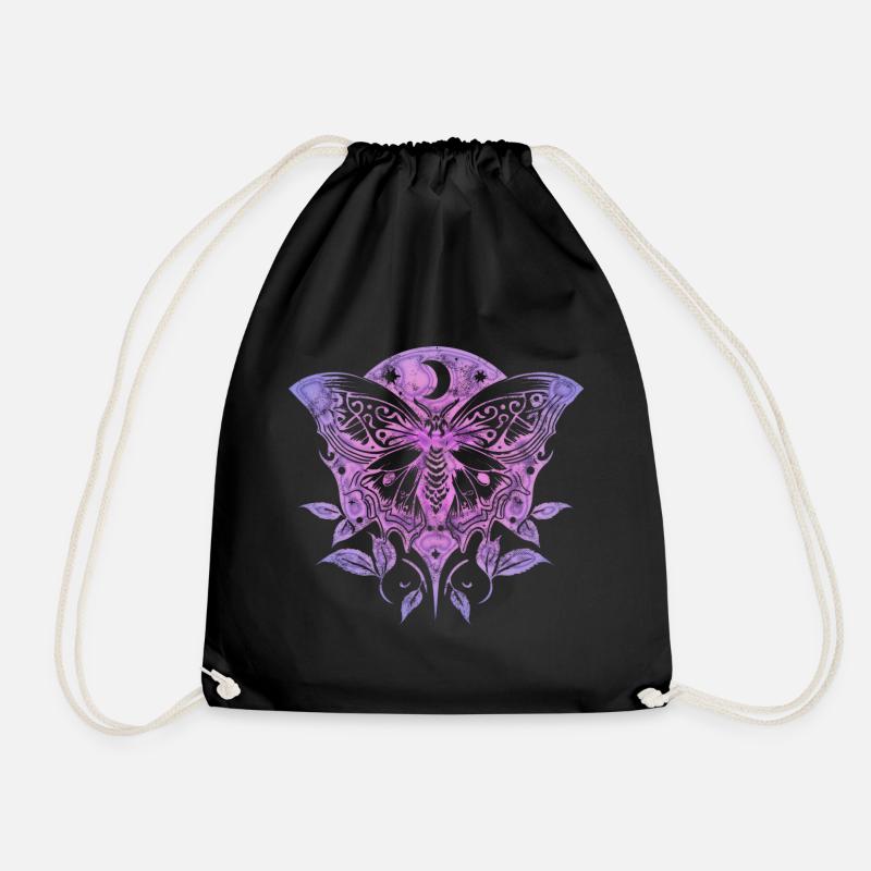 Moth, Moth, Moon, Vines, Gothic, Wicca - Drawstring Bag - black