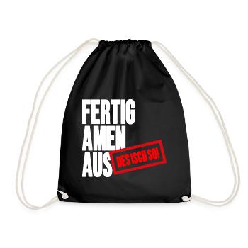 Großbuchstaben Stempelbanner - Fertig Amen Aus - Turnbeutel - Schwarz - Vorne