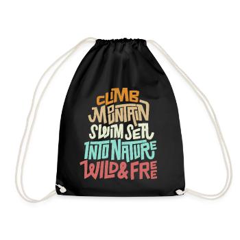 Climb Mountain Swim Sea Nature Wild Free Graphic - Drawstring Bag - black - Front