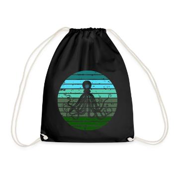 Green Blue Octopus Retro Artwork Sunrise - Drawstring Bag - black - Front