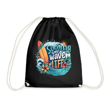 Surfing is My Wave of Life – Surfer & Ozean - Turnbeutel - Schwarz - Vorne