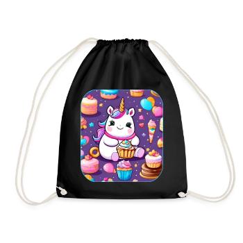 Niedliches dickes Einhorn mit Kuchen und Cup Cakes - Turnbeutel - Schwarz - Vorne