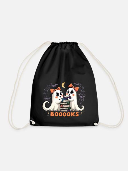 Cute Ghosts Reading Books - Halloween Fun - Drawstring Bag - black