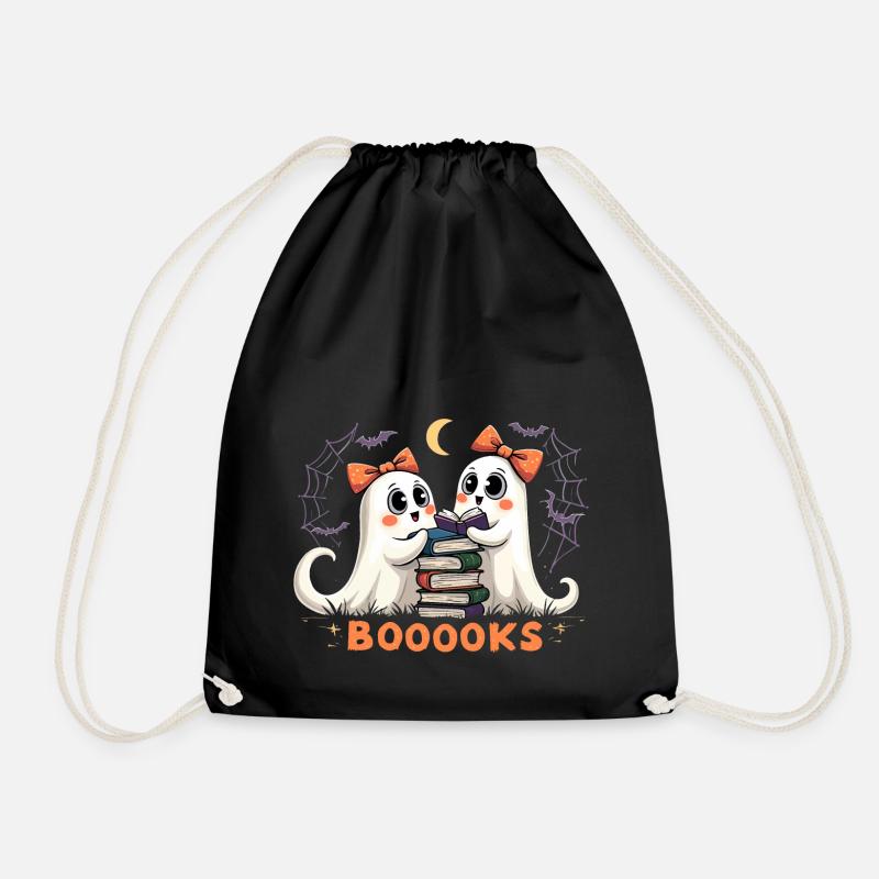 Cute Ghosts Reading Books - Halloween Fun - Drawstring Bag - black