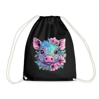 Niedliches Pastell Schwein mit Blumen - Turnbeutel - Schwarz - Vorne