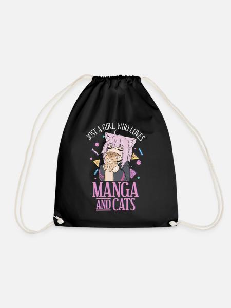 Manga Anime Kawaii Otaku Girl who loves Cats Japan - Drawstring Bag - black