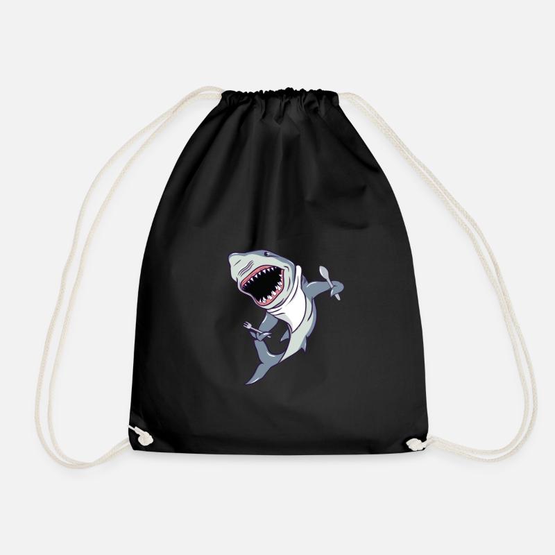 big white shark with knife, fork and apron - Drawstring Bag - black