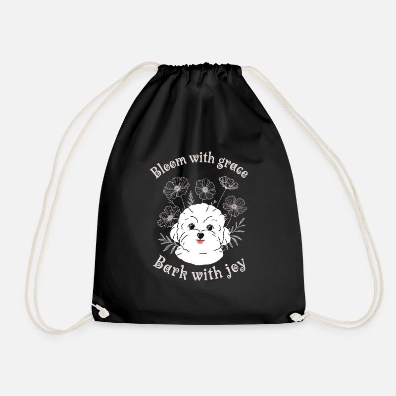 Bloom with Grace – Cute Maltese Dog Boho Floral - Drawstring Bag - black