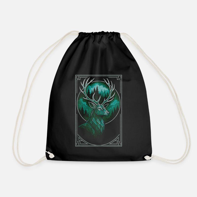 Mystic Forest Deer Illustration - Drawstring Bag - black
